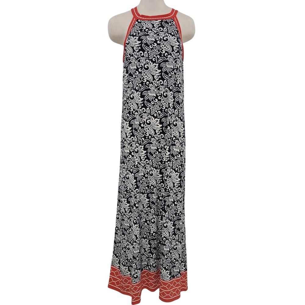 Max Studio Dress Womens Medium Black‎ White Floral Maxi Sleeveless Red Trim Boho